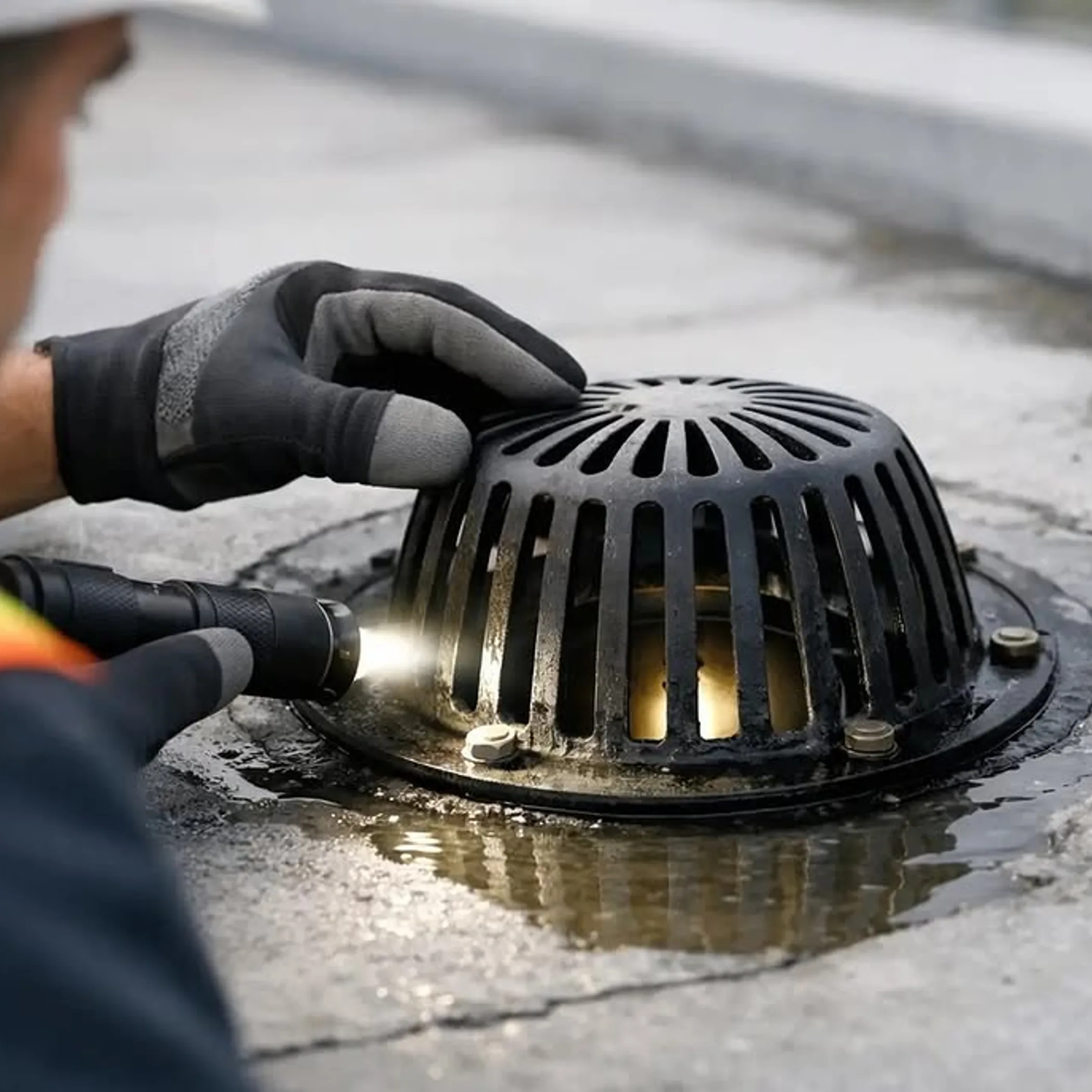 roof drainage inspection on building